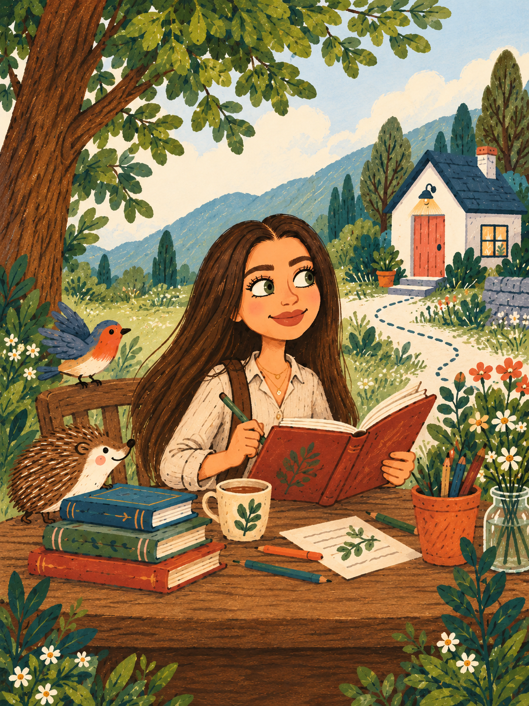 Ilustracija: Ana čita knjigu u vrtu sa ježem i pticom